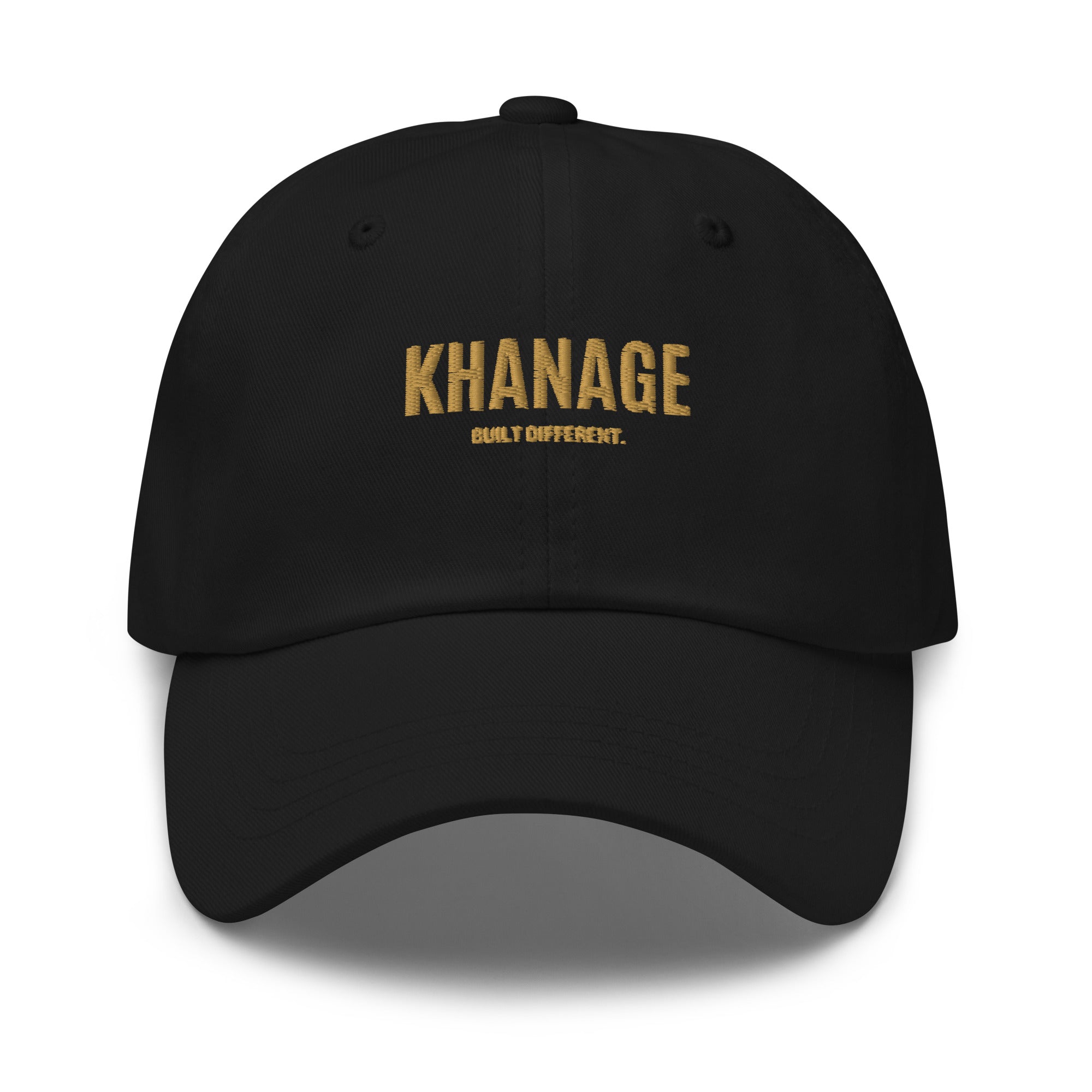 Front view of KHANAGE Built Different signature embroidered cap — streetwear cap NZ
