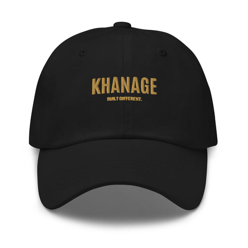 Front view of KHANAGE Built Different signature embroidered cap — streetwear cap NZ