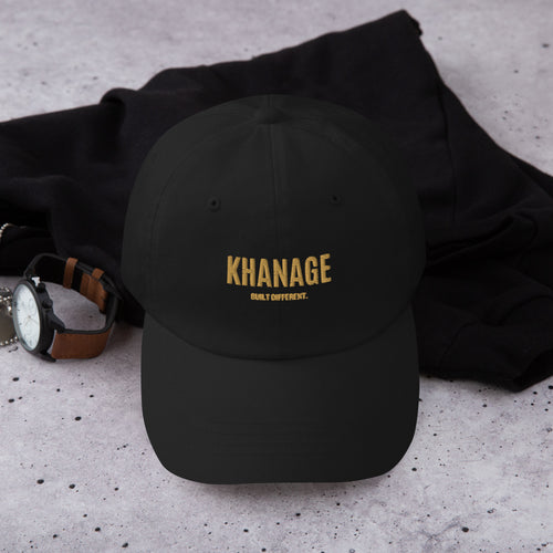 Front view of KHANAGE Built Different signature embroidered cap — streetwear cap NZ