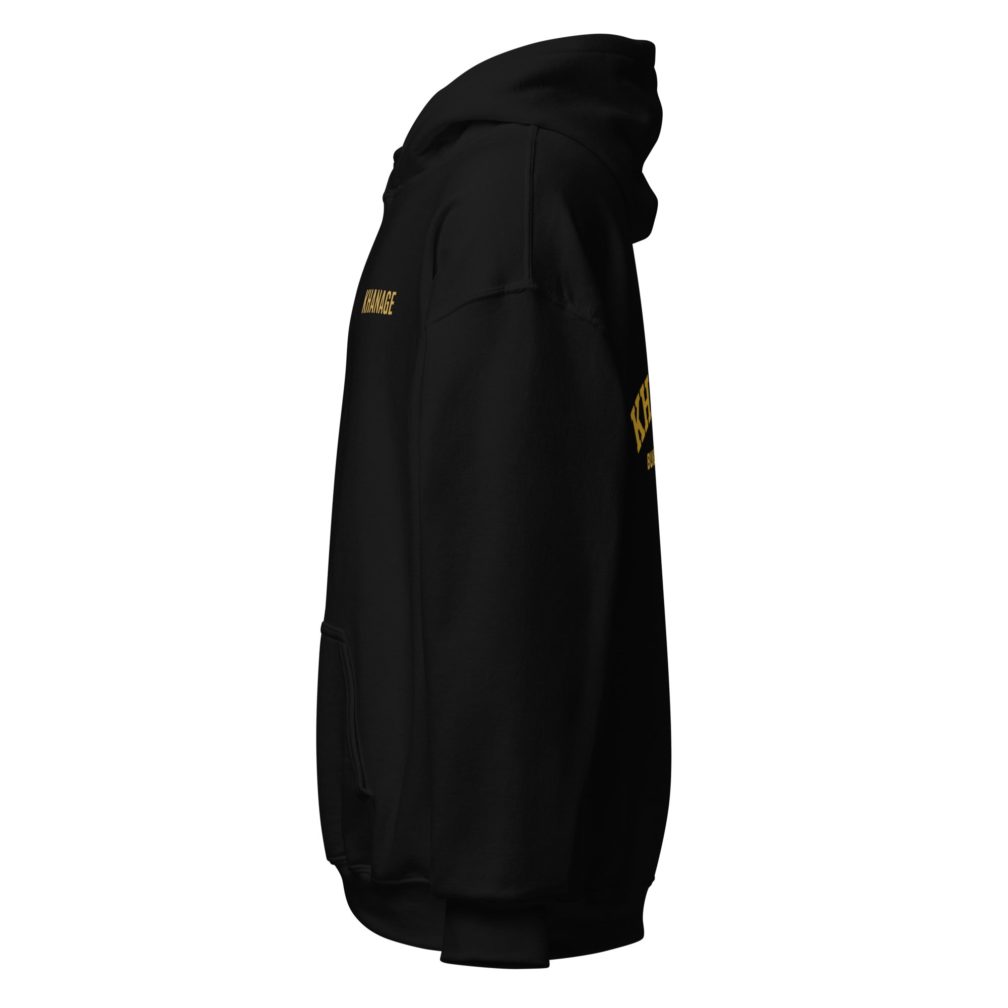 Left side view of KHANAGE Built Different classic logo pullover hoodie in black