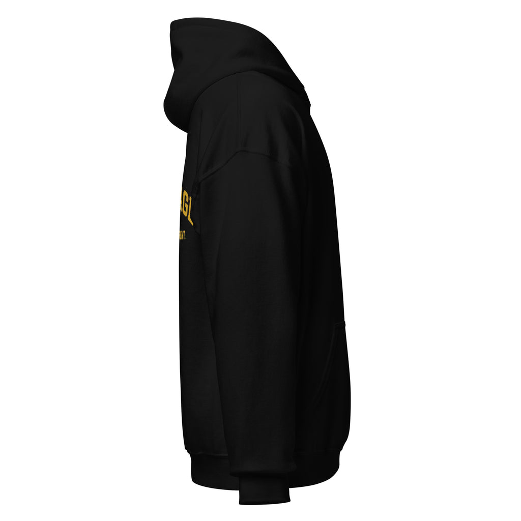 Right side view of KHANAGE Built Different classic logo pullover hoodie in black