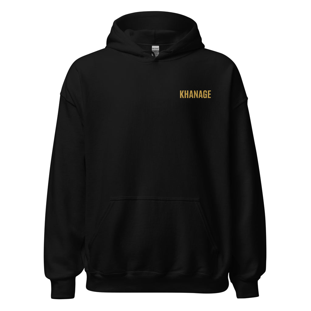 Front view of KHANAGE Built Different classic logo pullover hoodie in black — streetwear NZ