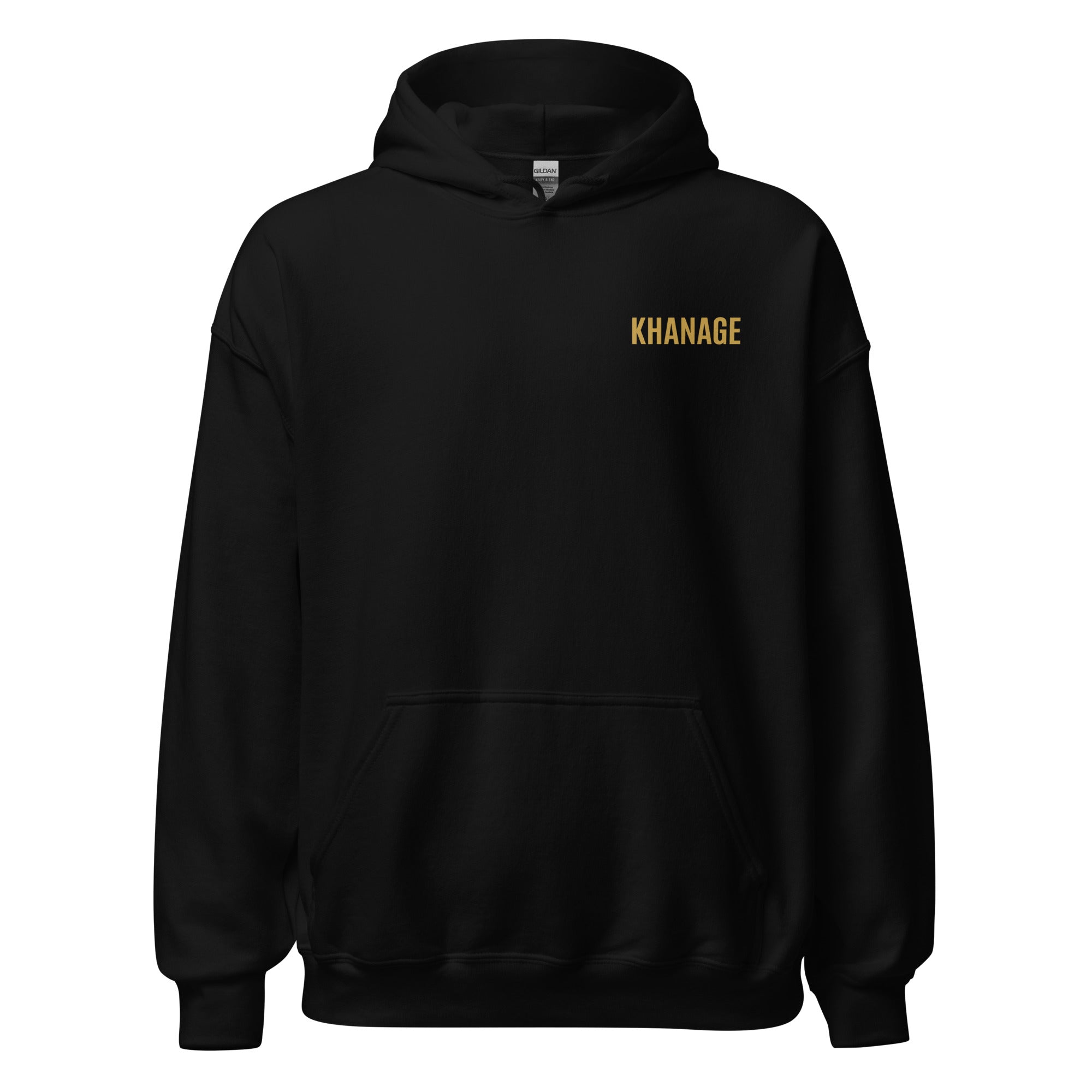 Front view of KHANAGE Built Different classic logo pullover hoodie in black — streetwear NZ