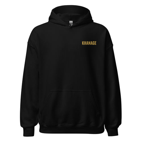 Front view of KHANAGE Built Different classic logo pullover hoodie in black — streetwear NZ