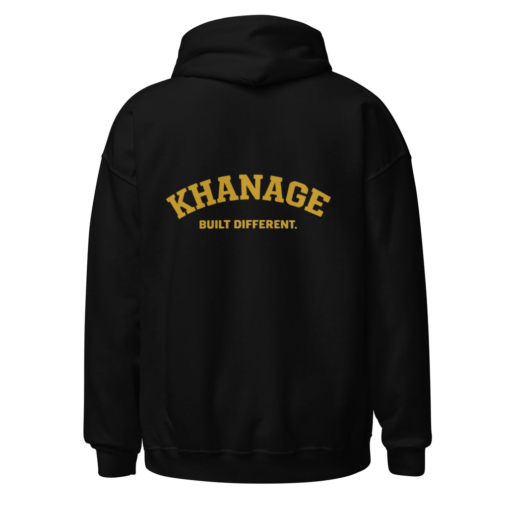 Rear view of KHANAGE Built Different classic logo pullover hoodie in black
Left: