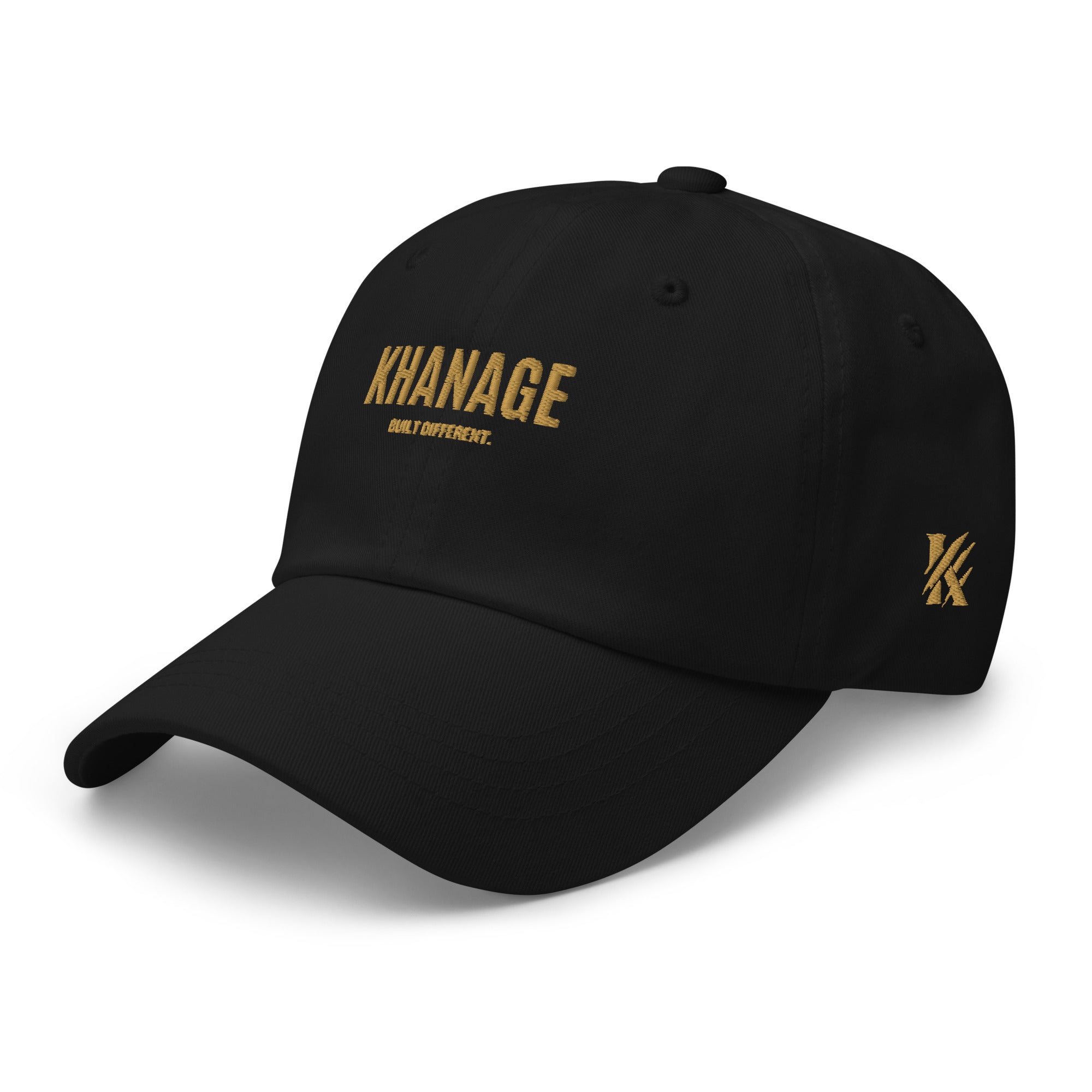 Front & side view of KHANAGE Built Different signature embroidered cap — streetwear cap NZ