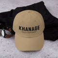 Front view of KHANAGE Built Different signature embroidered cap in khaki — streetwear cap NZ