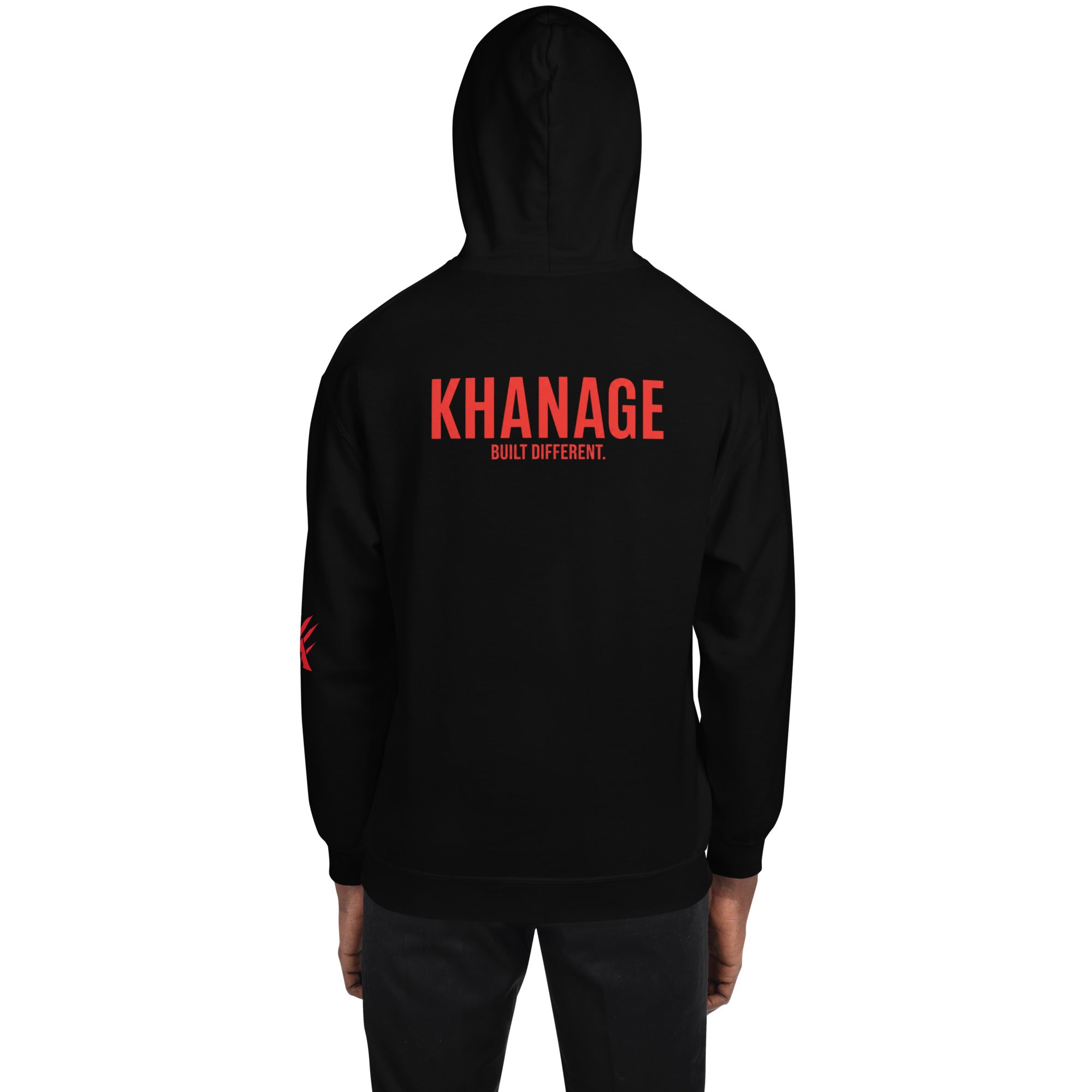 Black KHANAGE Collective heavyweight hoodie with bold red printed logo, premium New Zealand streetwear.