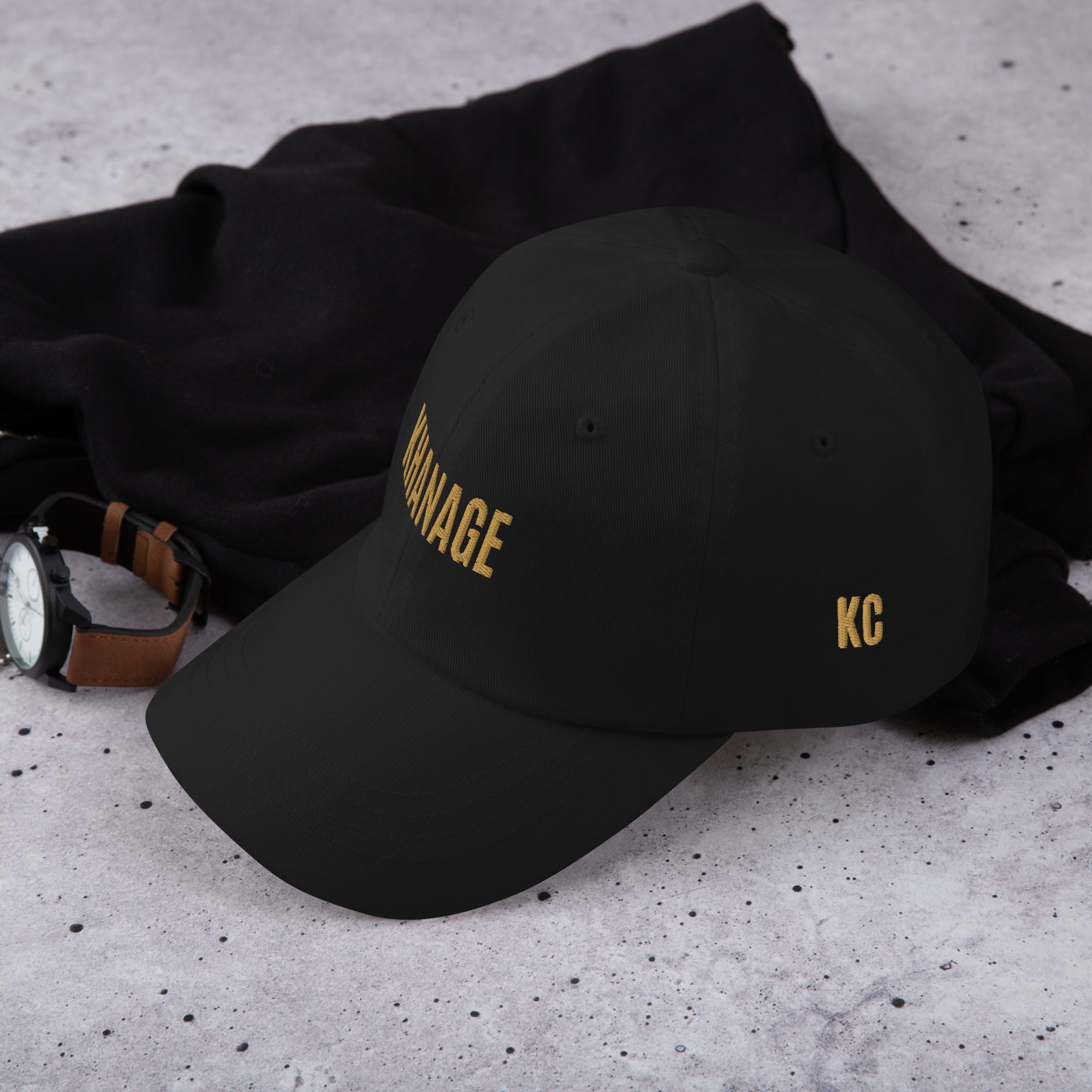 Side and front view Khanage Collective Signature Cap in Black.