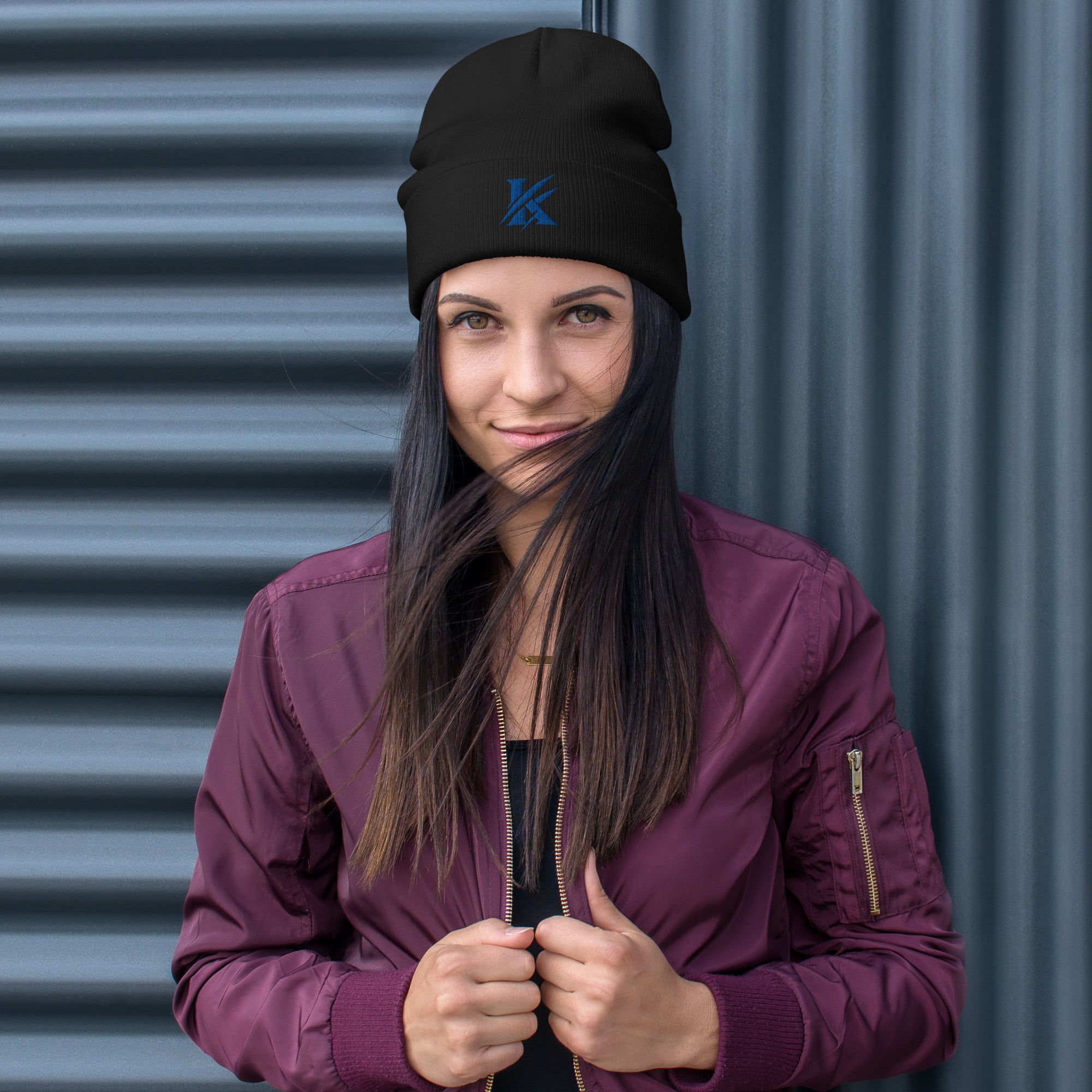Front View Khanage Embroidered Beanie — Cobalt Blue | Streetwear Accessories NZ