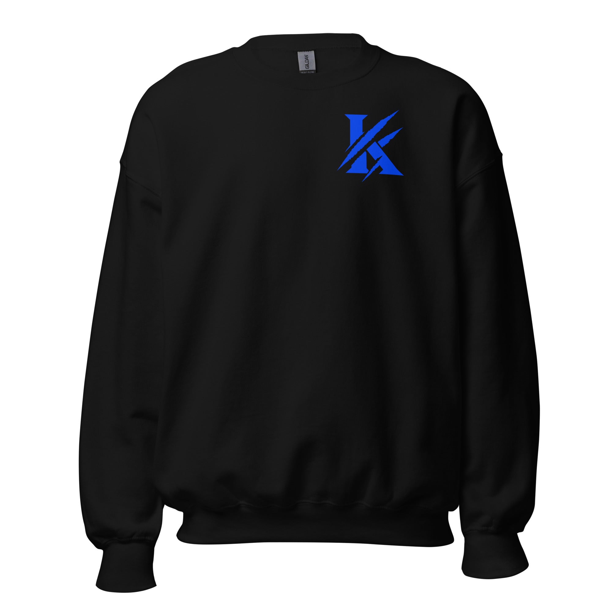 Front view of KHANAGE Collective sweatshirt in black with cobalt blue logo — premium streetwear NZ