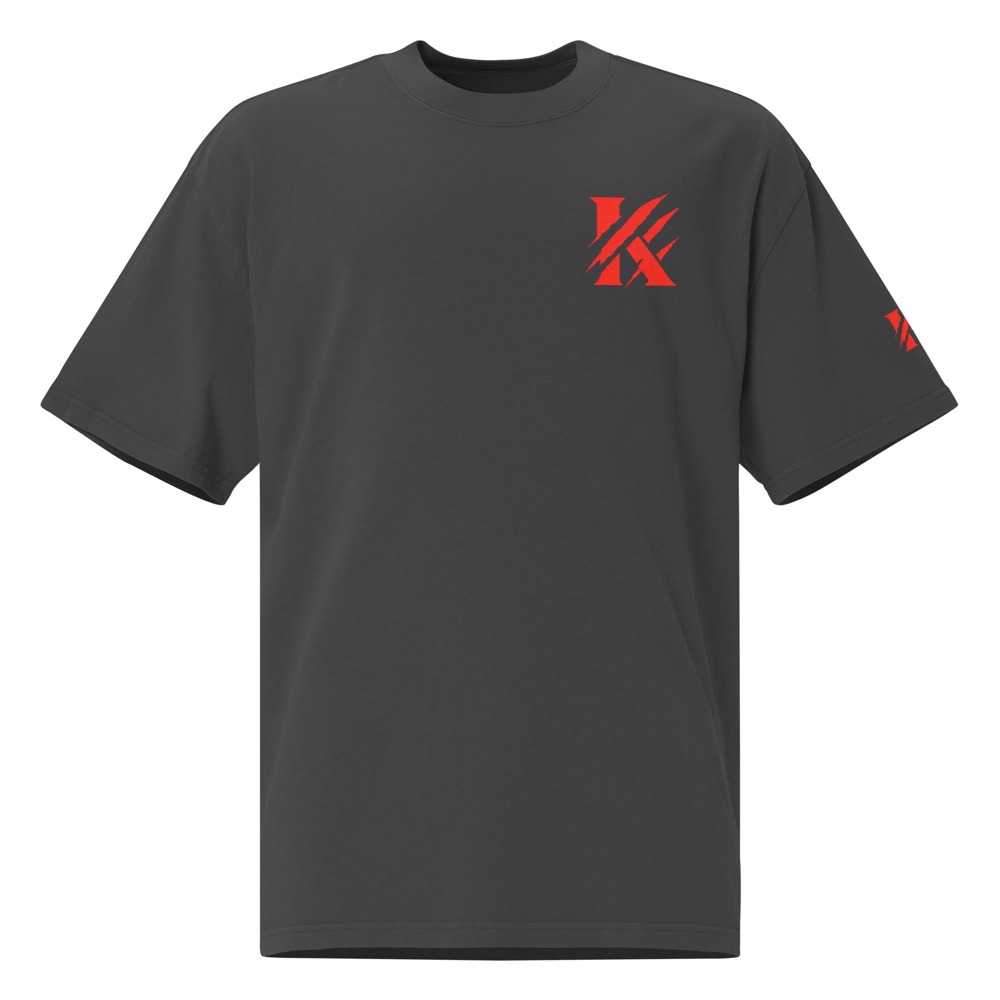 Front view of KHANAGE Collective oversized faded tee in black and red — streetwear NZ