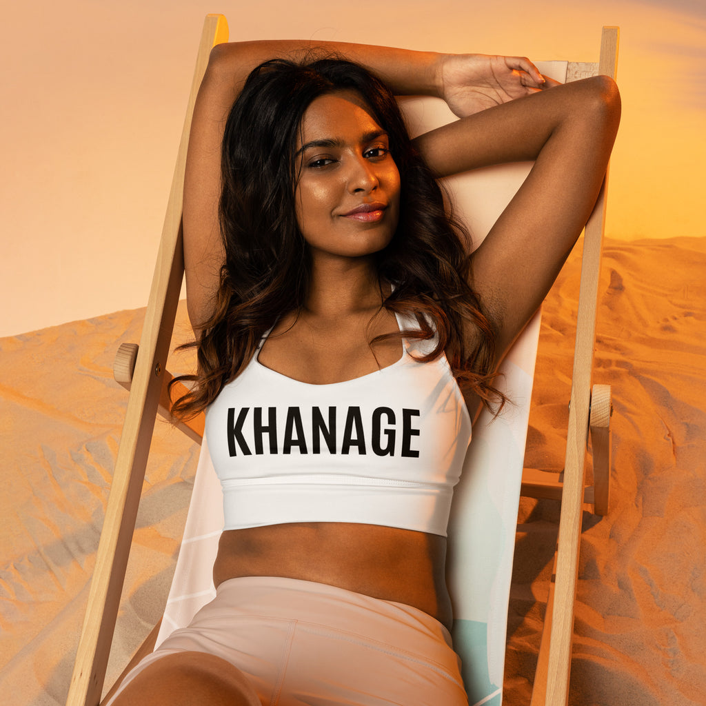 Front view of KHANAGE Collective recycled longline sports bra — activewear NZ