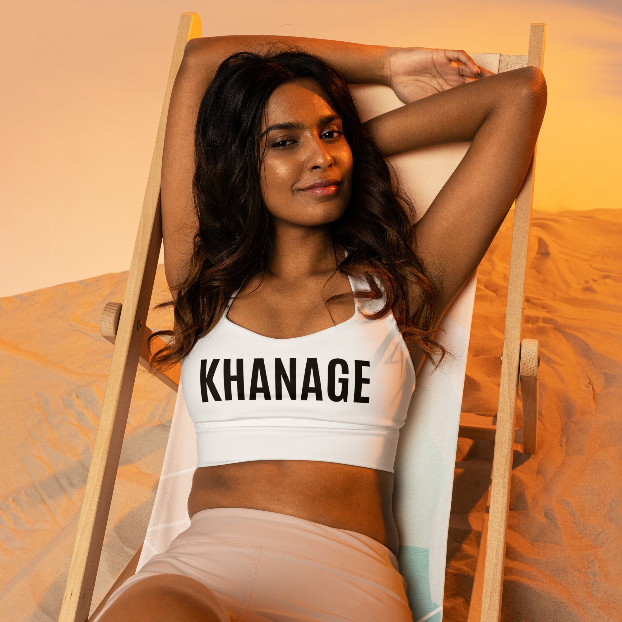 Front view of KHANAGE Collective recycled longline sports bra — activewear NZ