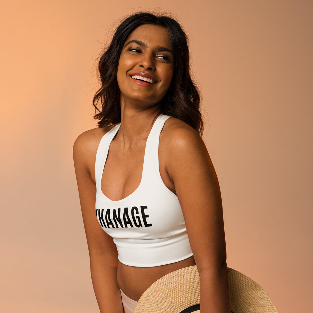 Close-up of KHANAGE branding on recycled longline sports bra — New Zealand activewear