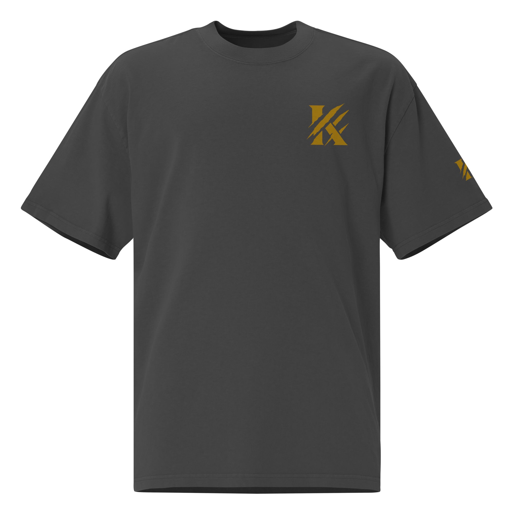 Front view of KHANAGE Collective oversized faded tee in black and gold — streetwear NZ