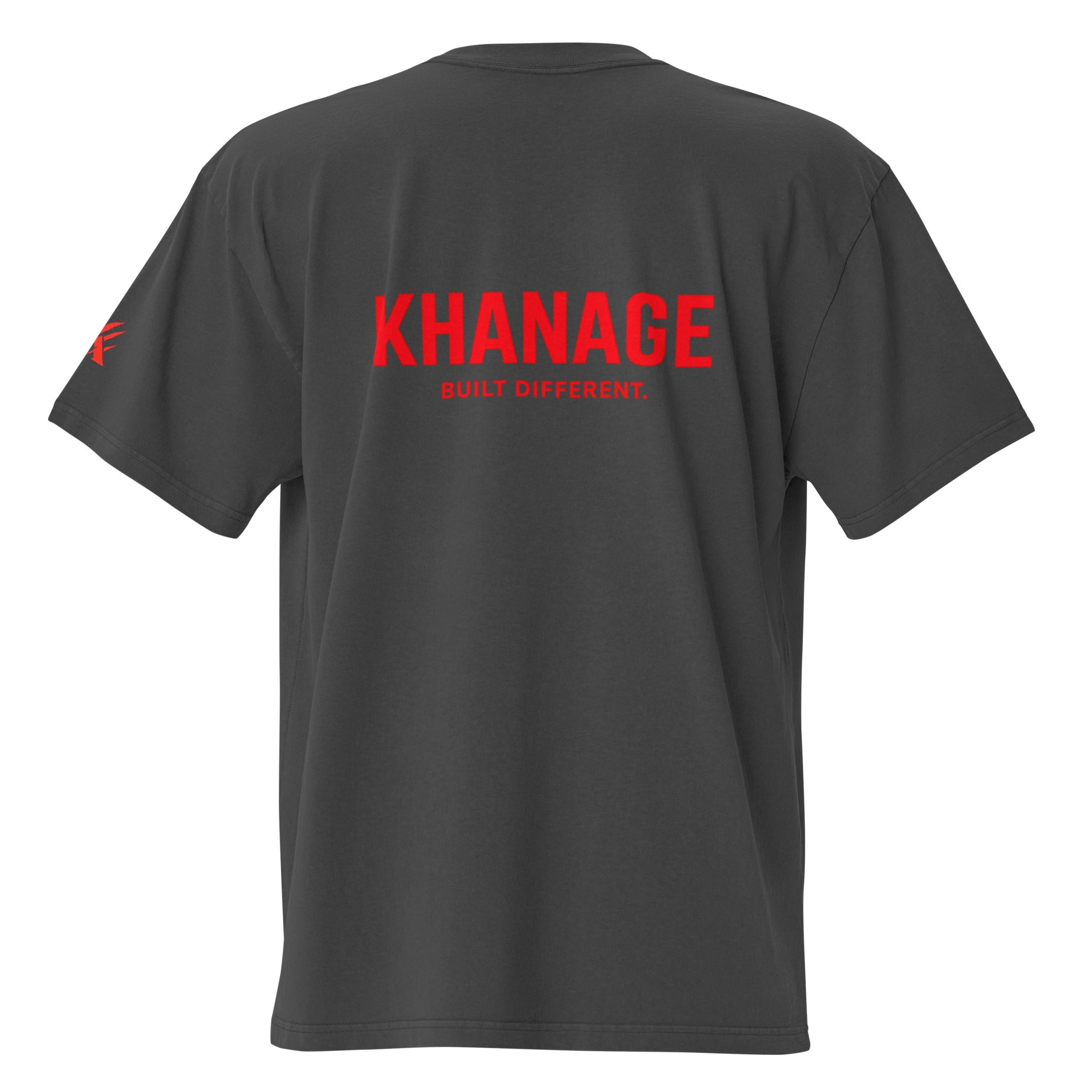 Close-up of red KHANAGE graphic on oversized faded black tee