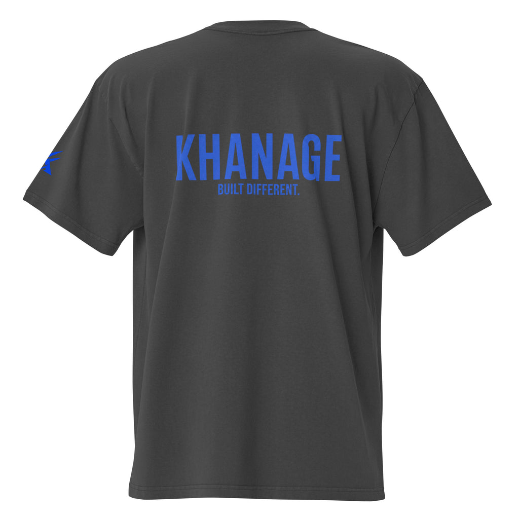 Rear view of KHANAGE Collective oversized faded tee in black with cobalt blue graphic