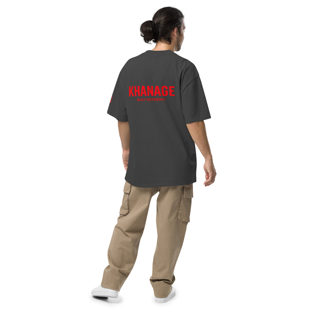 Rear view of KHANAGE Collective oversized faded tee in black and red