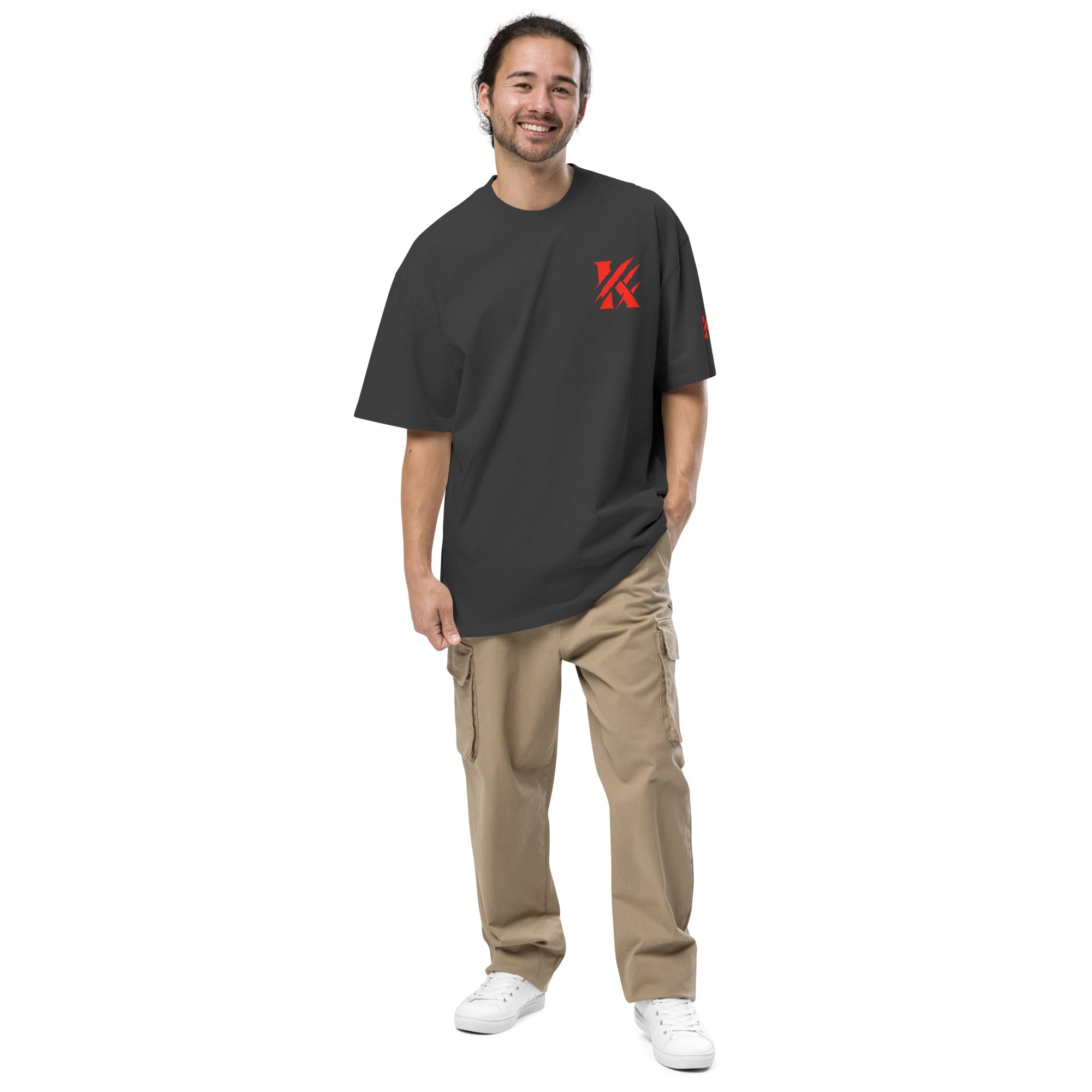 Front view of KHANAGE Collective oversized faded tee in black and red — streetwear NZ