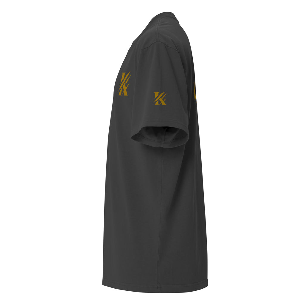 Left view of KHANAGE Collective oversized faded tee — black gold streetwear NZ