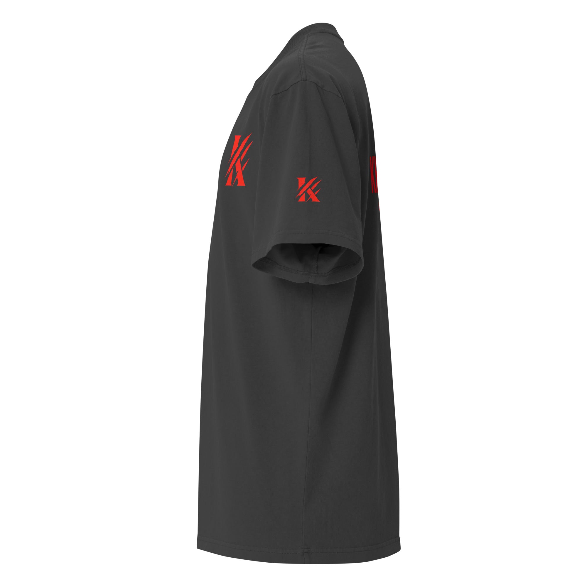 Left view of KHANAGE Collective oversized faded tee — black red streetwear NZ