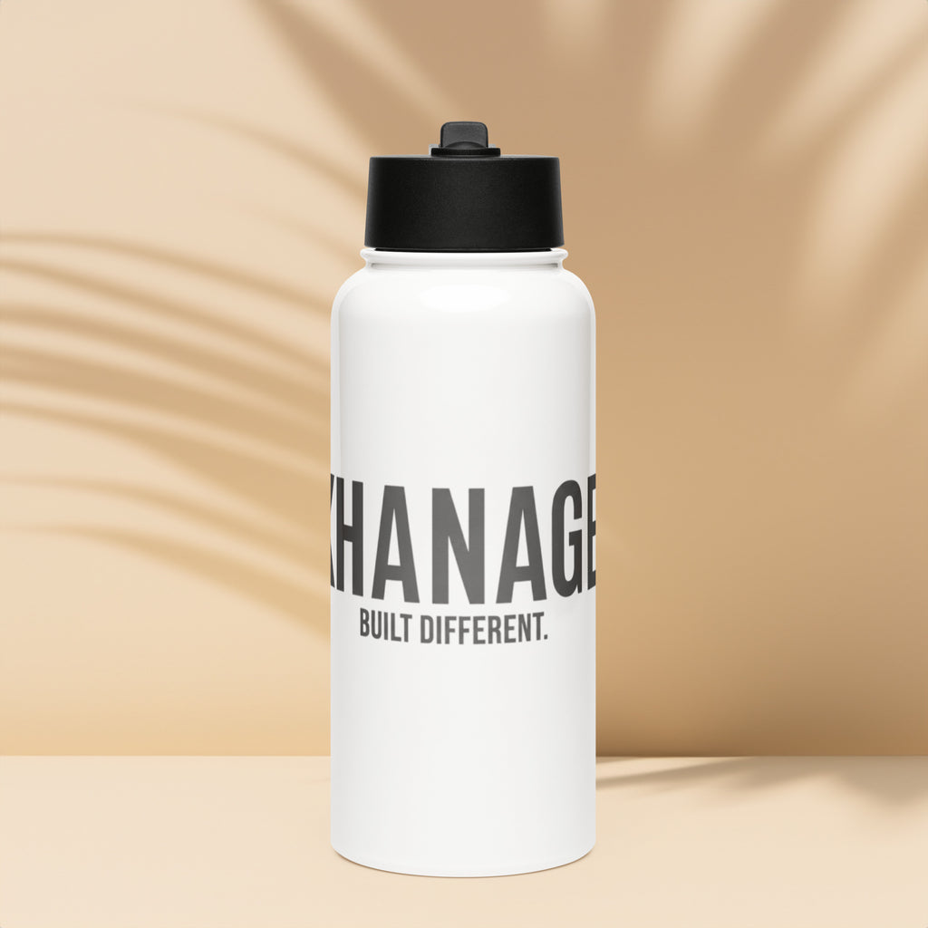 Front view of KHANAGE Collective stainless steel water bottle with straw li