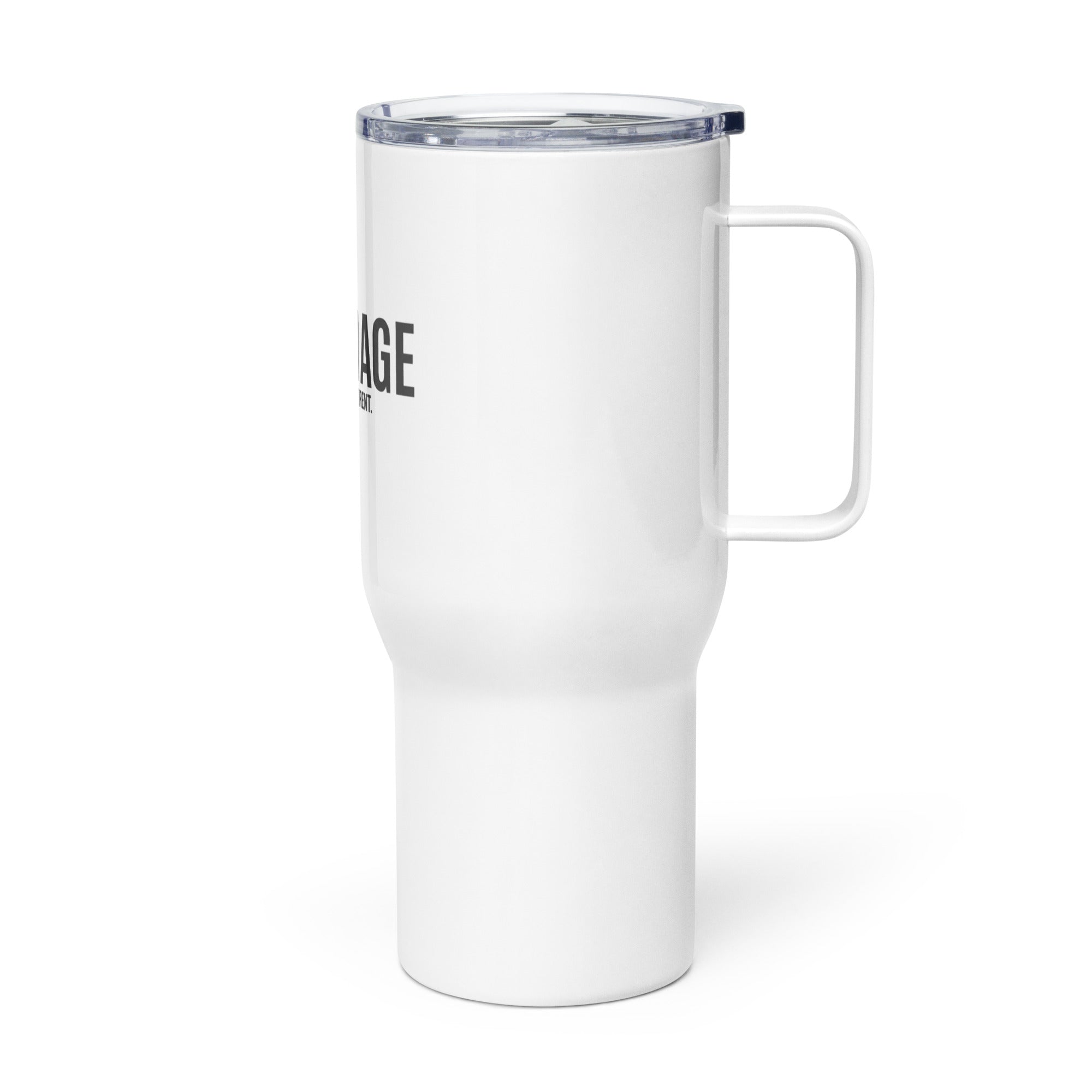 Left view of KHANAGE Collective travel mug with handle — 25oz white