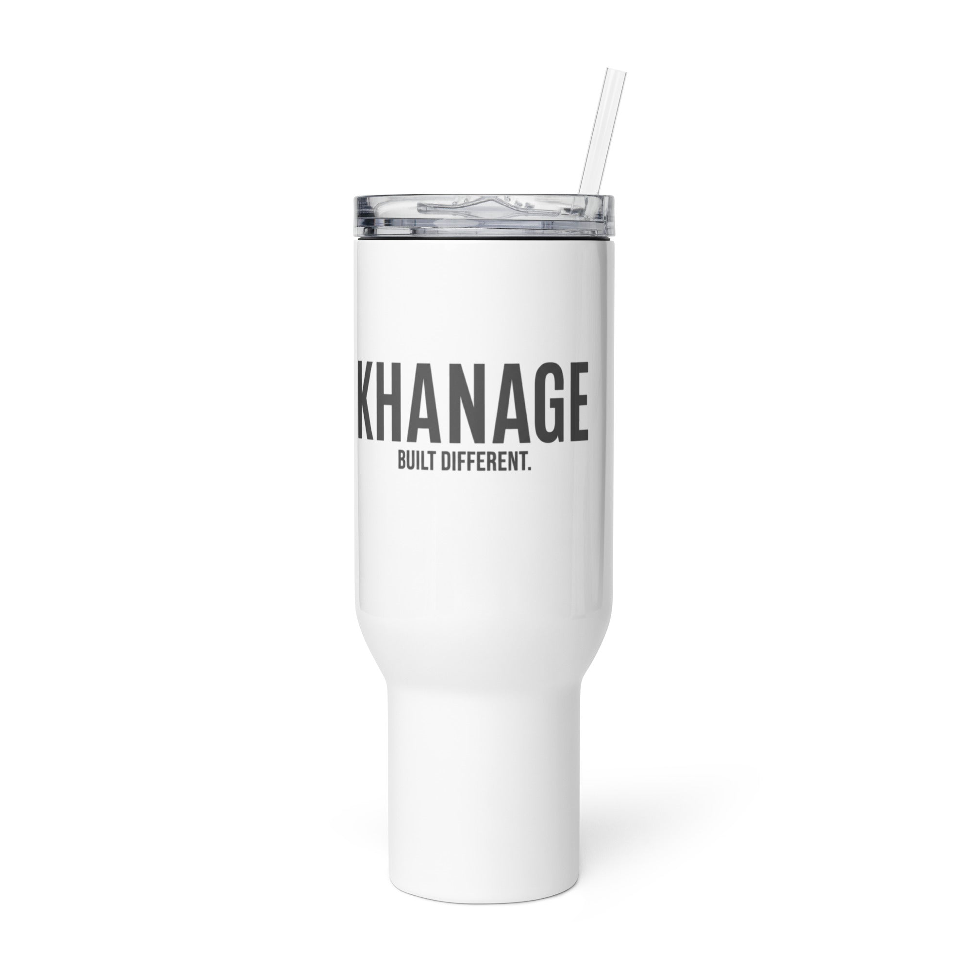 Front view of KHANAGE Collective travel mug with handle — 40oz white