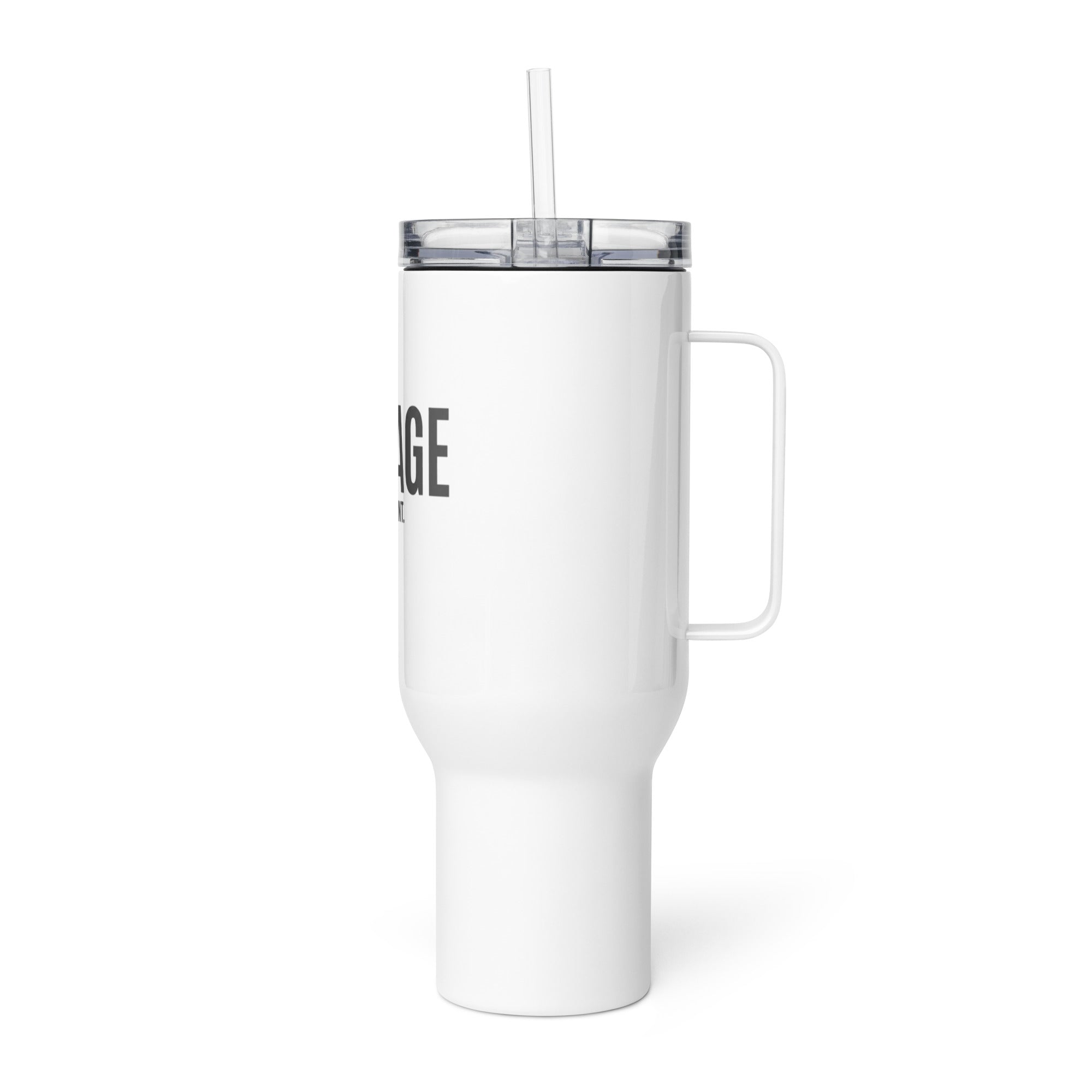 Left view of KHANAGE Collective travel mug with handle — 40oz white