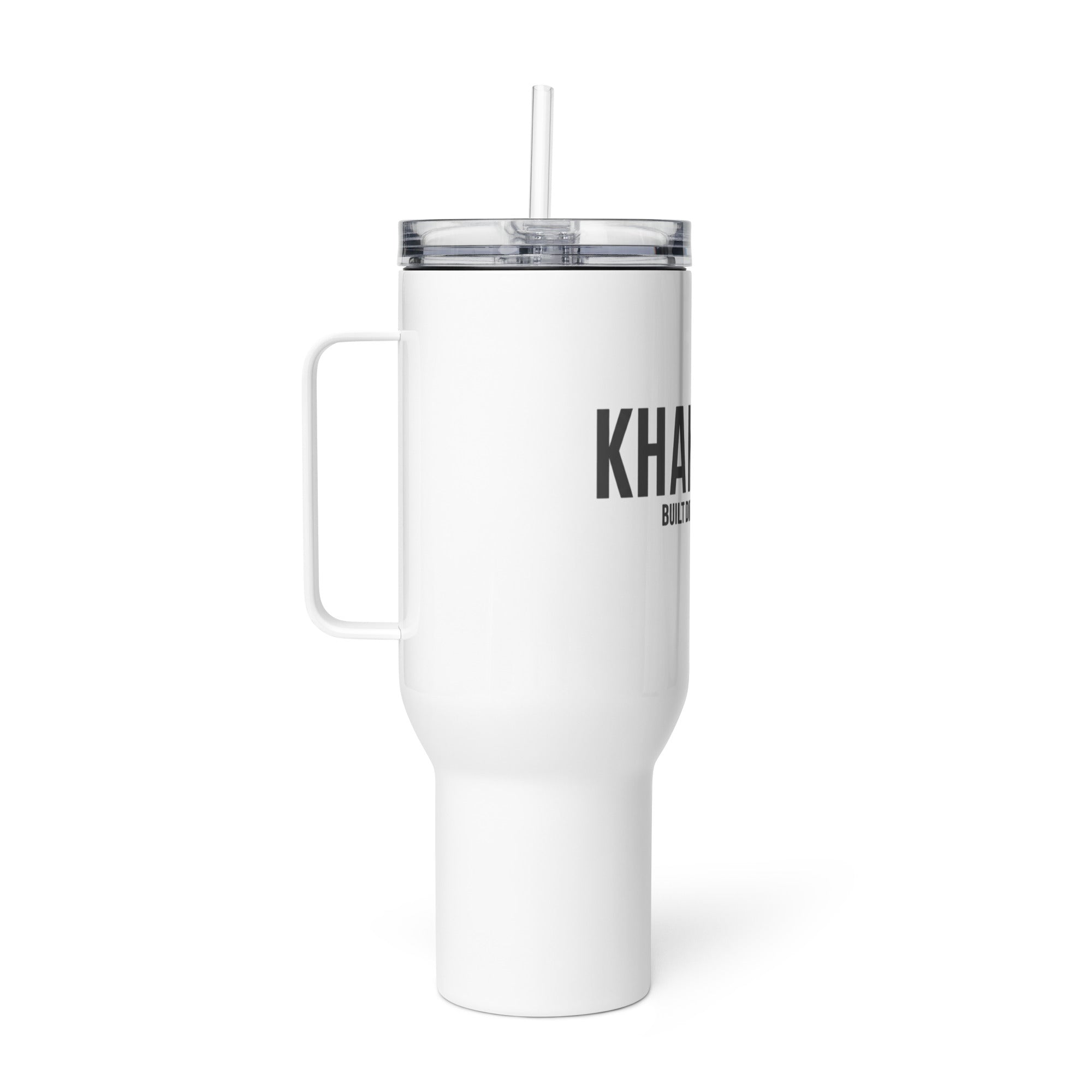 Right view of KHANAGE Collective travel mug with handle — 40oz white