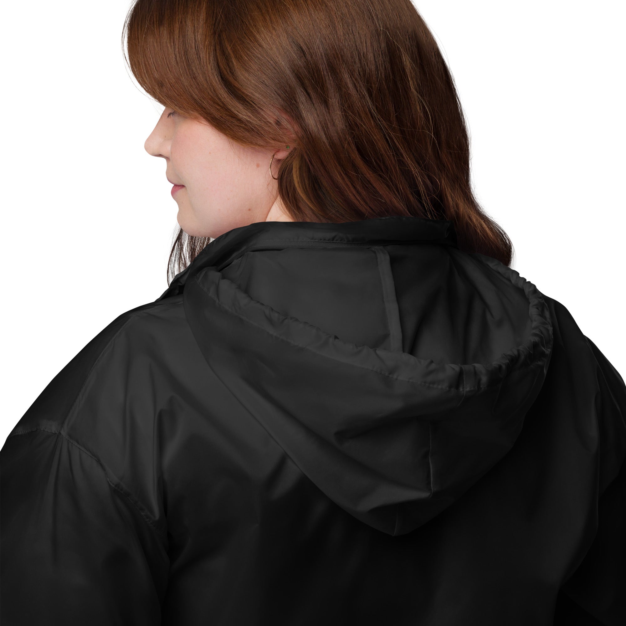 .Close-up of KHANAGE logo detail on classic unisex windbreaker