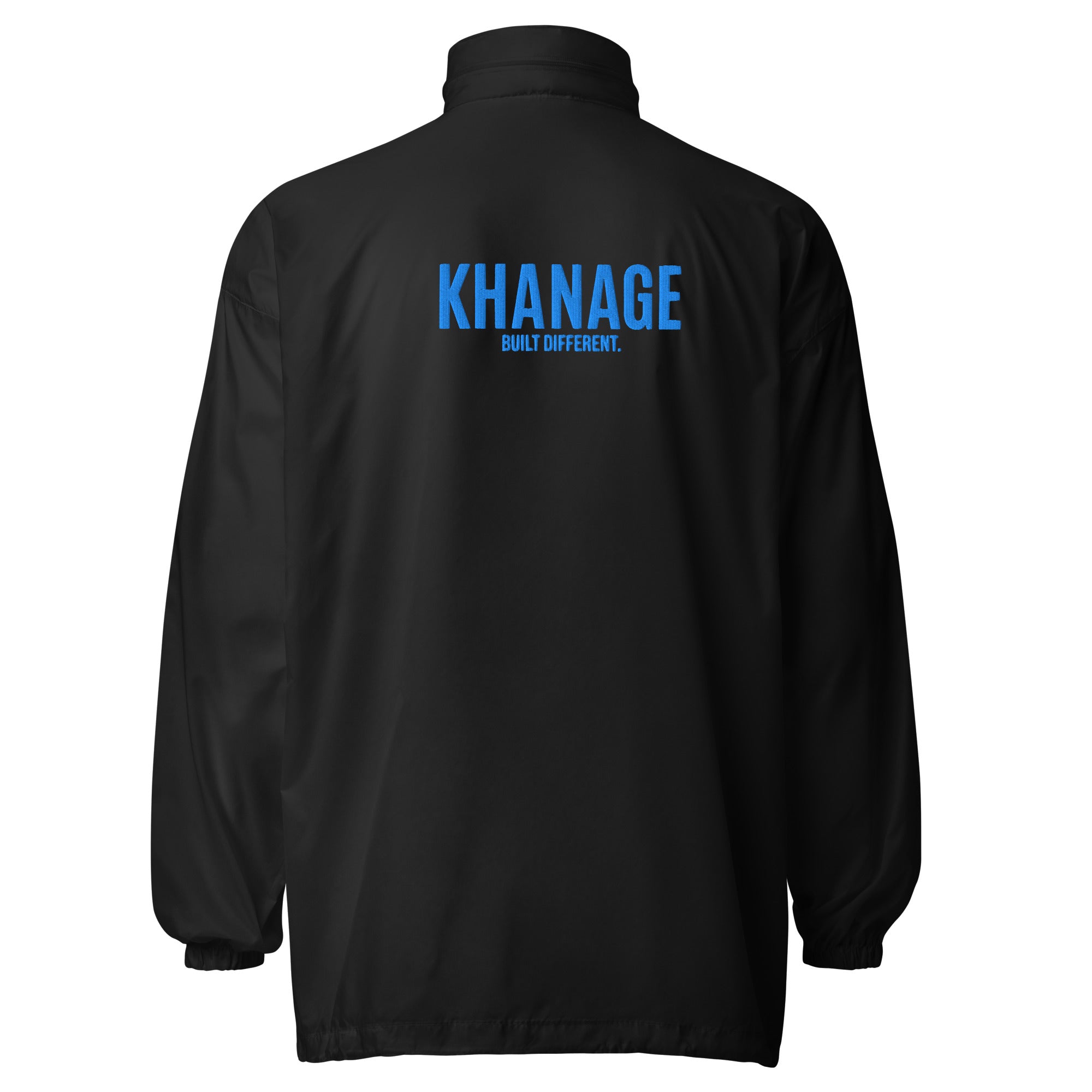 Rear view of KHANAGE Collective cobalt blue windbreaker — lightweight premium jacket