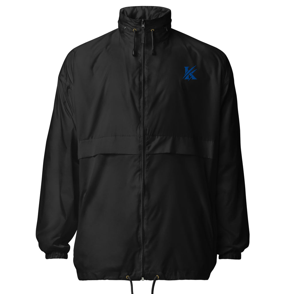 Front view of KHANAGE Collective cobalt blue logo unisex windbreaker — premium streetwear NZ