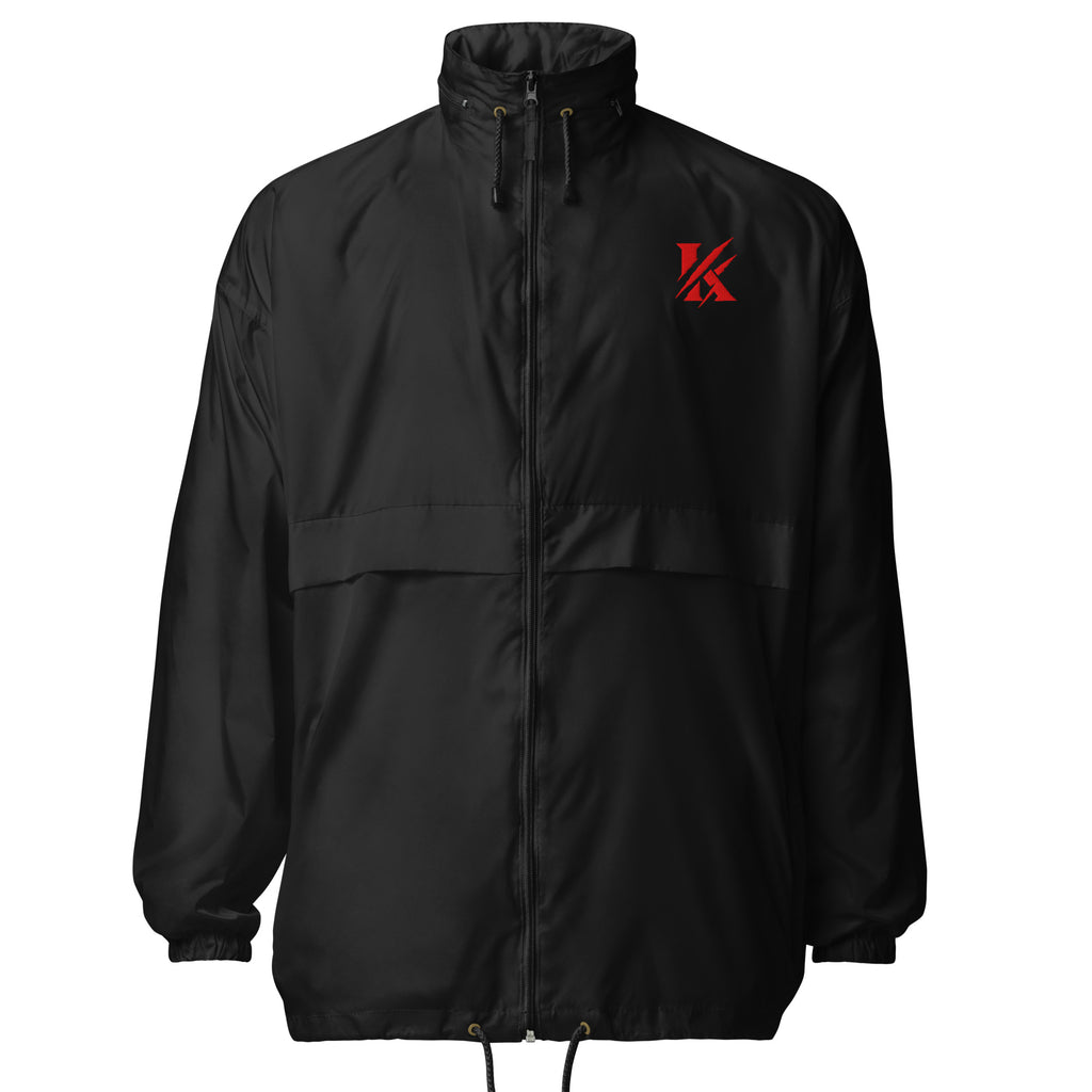 Front view of KHANAGE Collective red logo unisex windbreaker — black