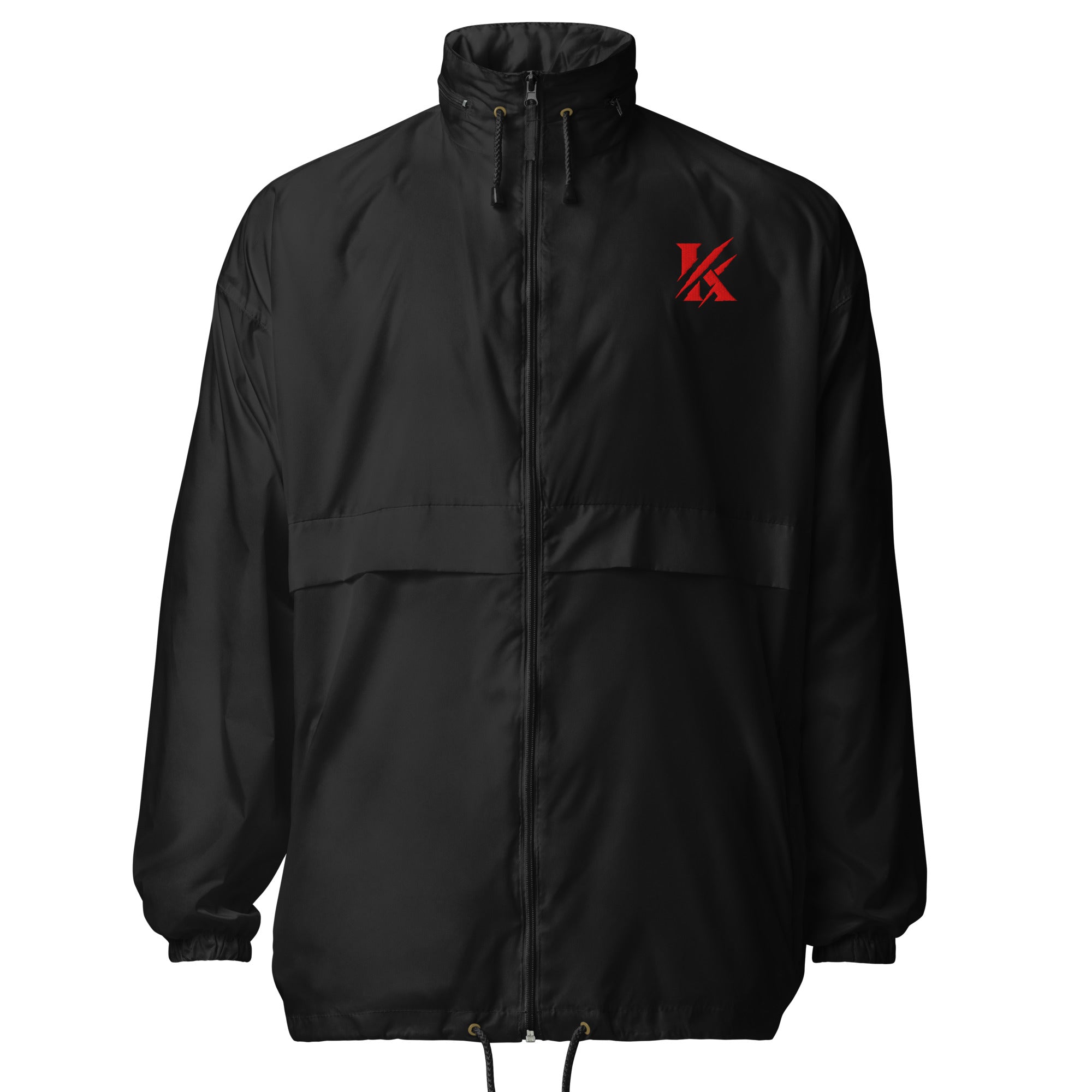 Front view of KHANAGE Collective red logo unisex windbreaker — black