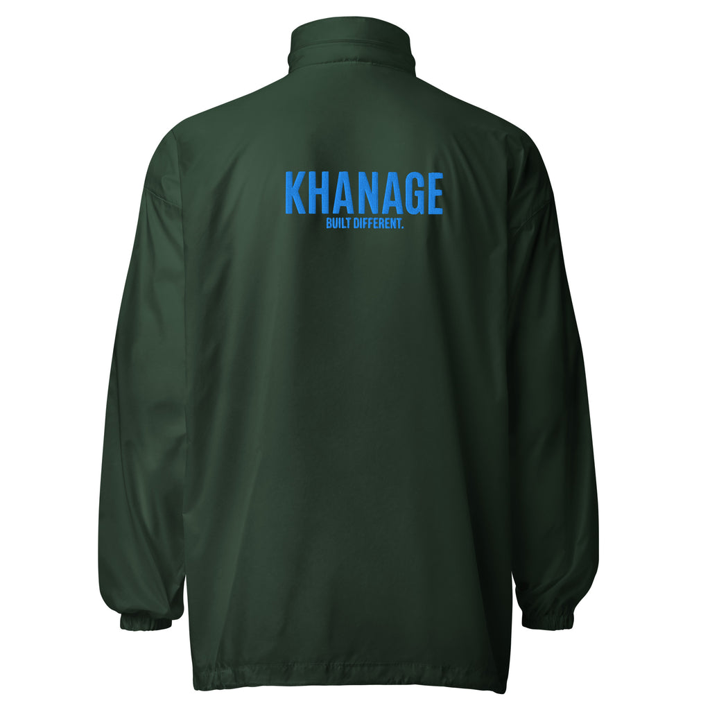 Rear view of KHANAGE Collective cobalt blue windbreaker — lightweight premium jacket