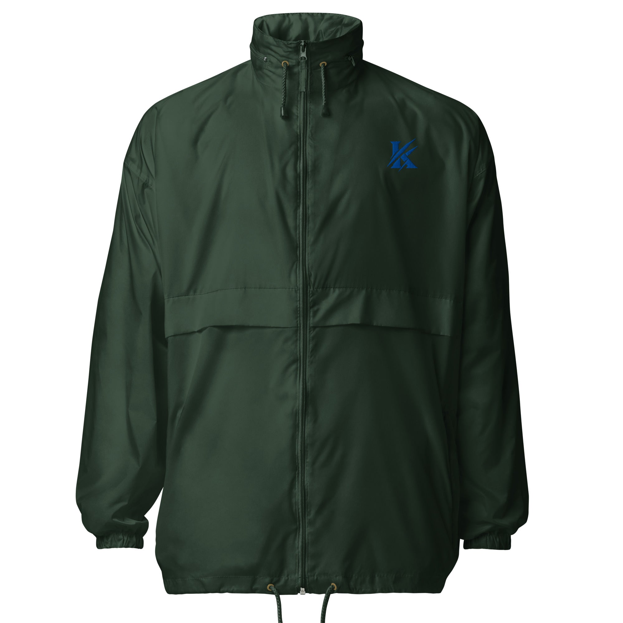 Side view of KHANAGE Collective cobalt blue logo unisex windbreaker — premium streetwear NZ