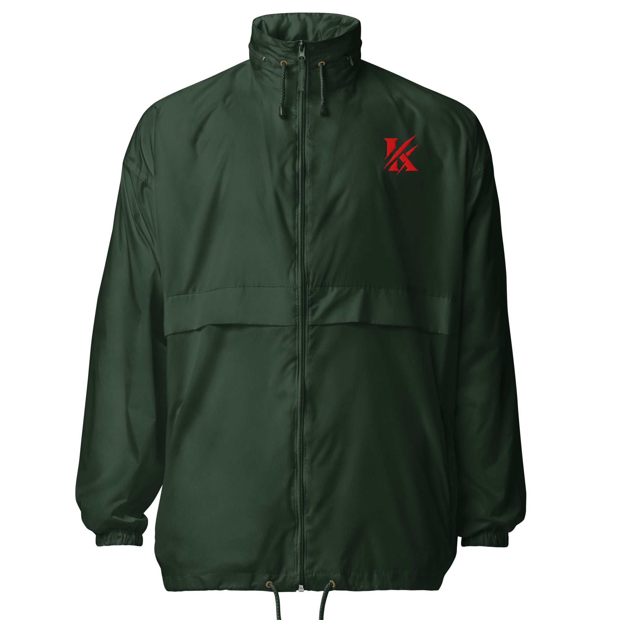 Front view of KHANAGE Collective red logo unisex windbreaker — forest green