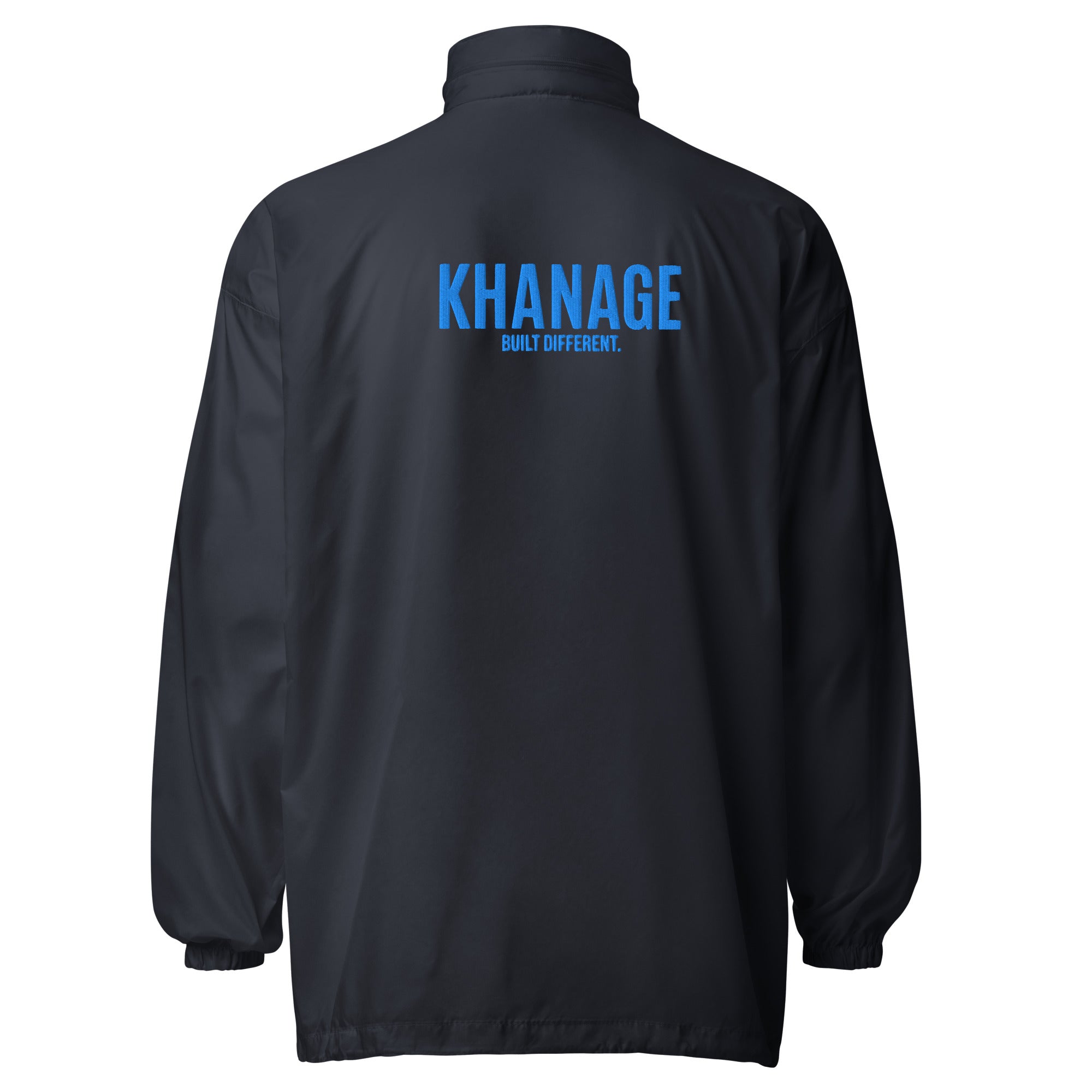 Rear view of KHANAGE Collective cobalt blue windbreaker — lightweight premium jacket