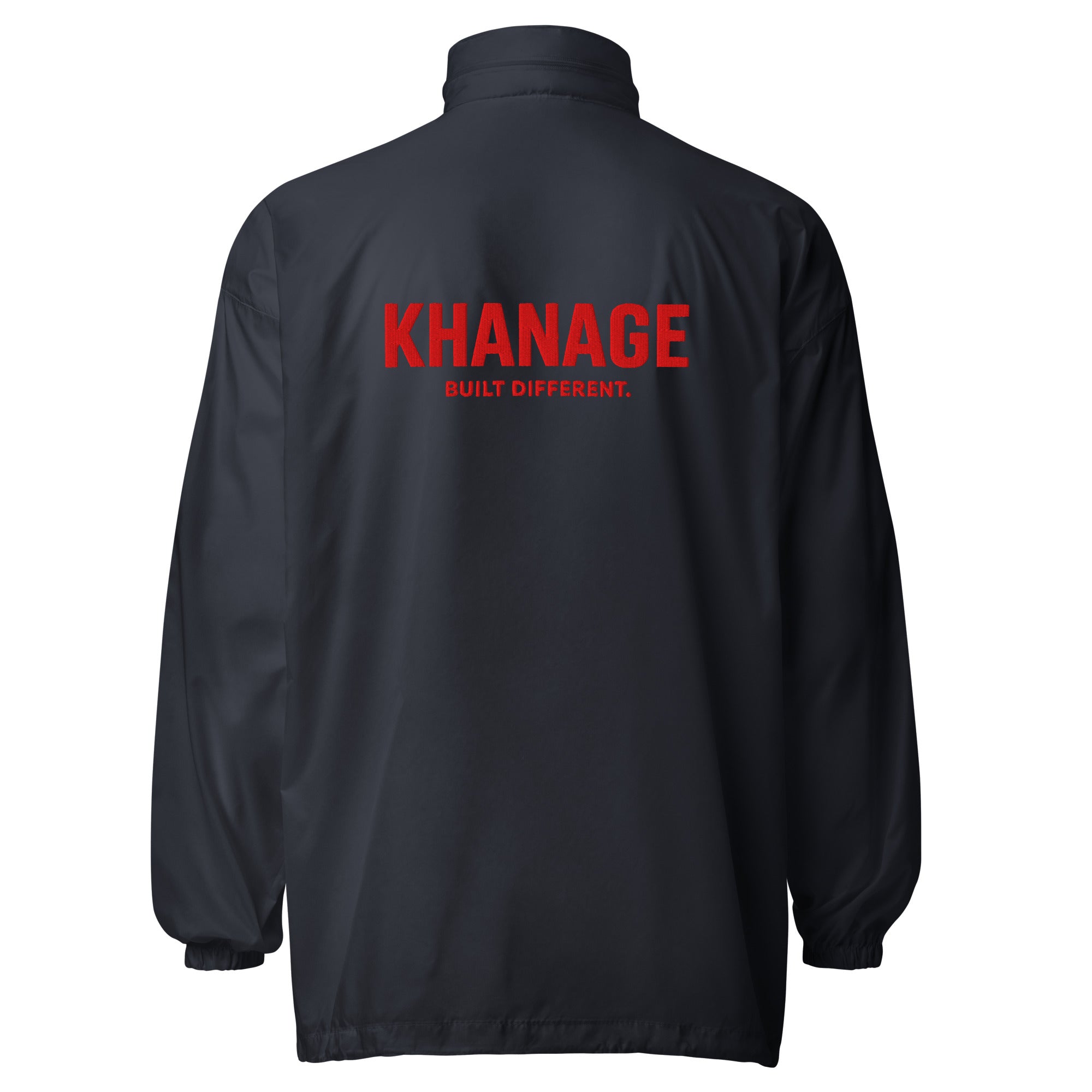 Rear view of KHANAGE Collective red logo unisex windbreaker — navy