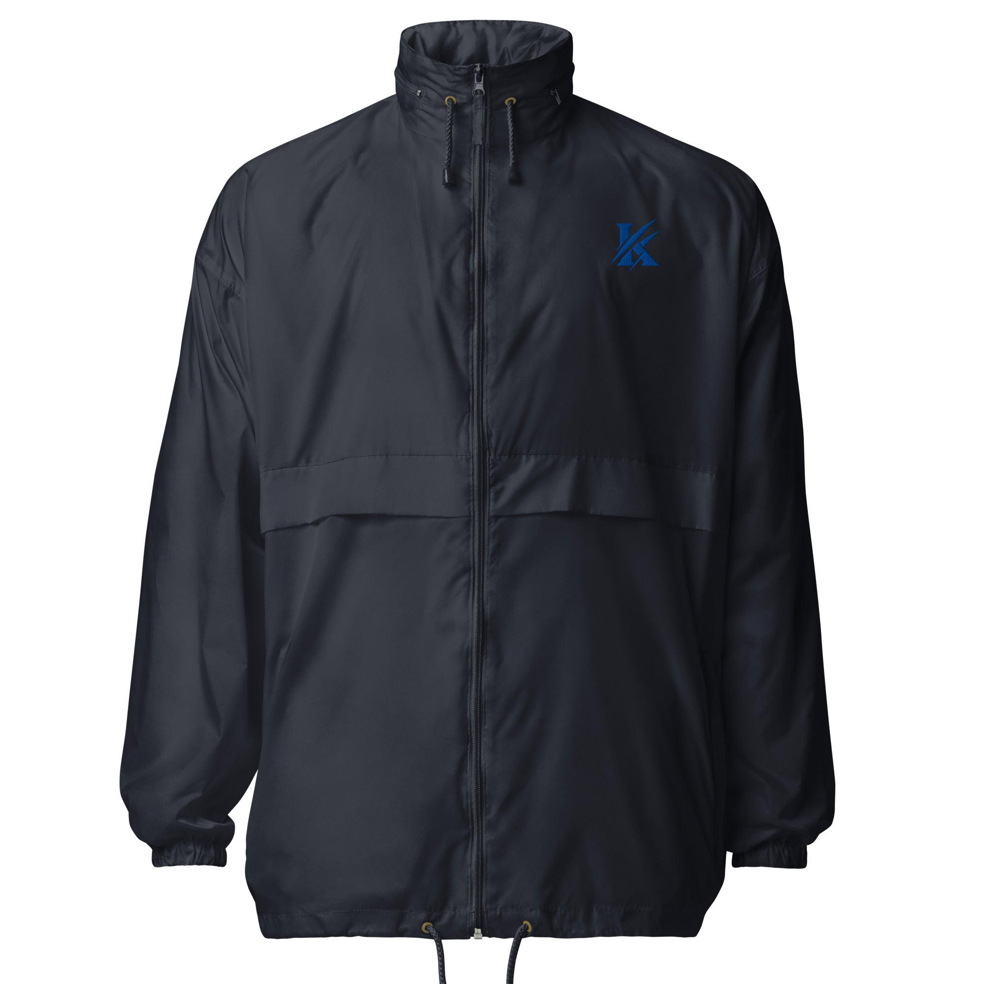 Close-up of cobalt blue KHANAGE logo on unisex windbreaker