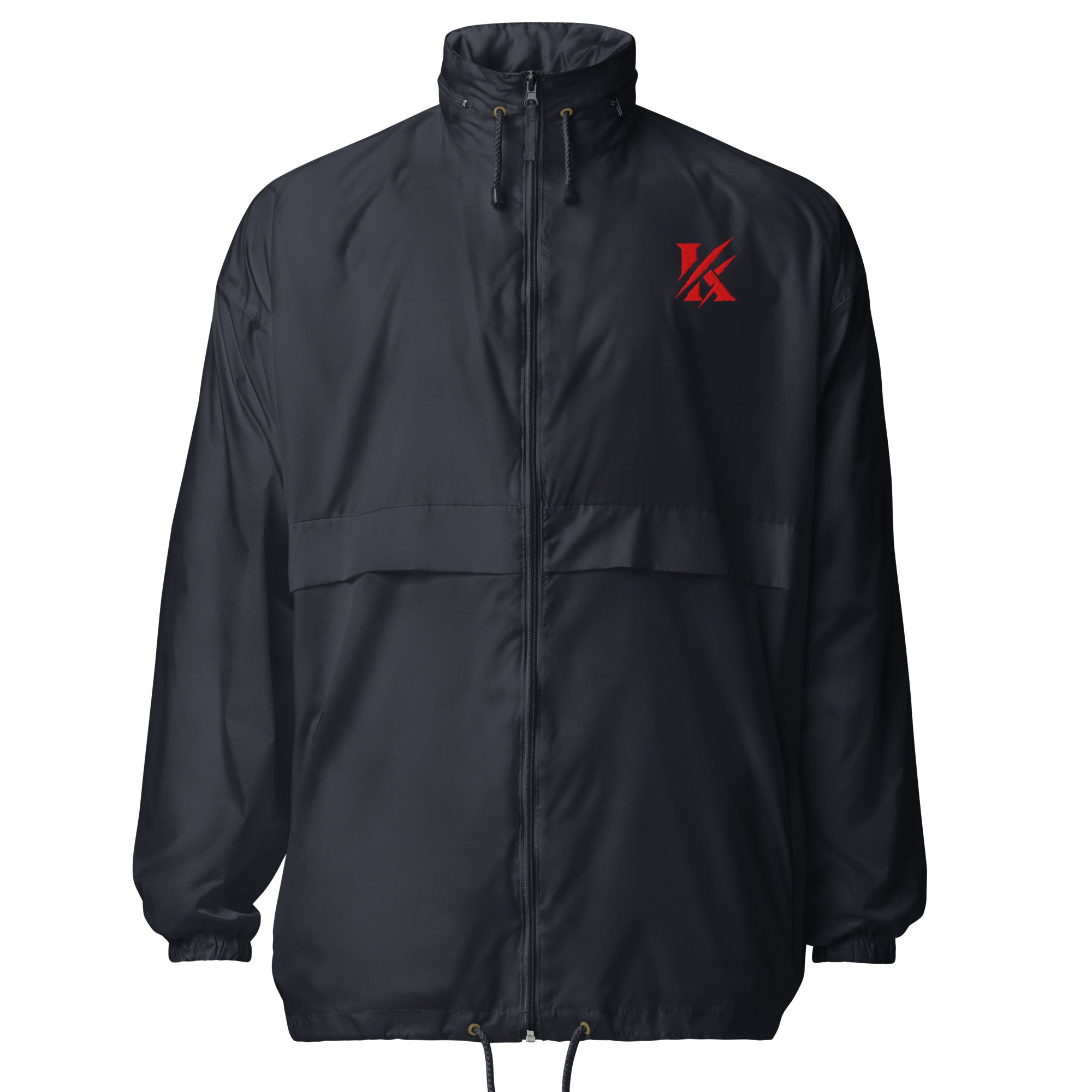 Front view of KHANAGE Collective red logo unisex windbreaker — navy