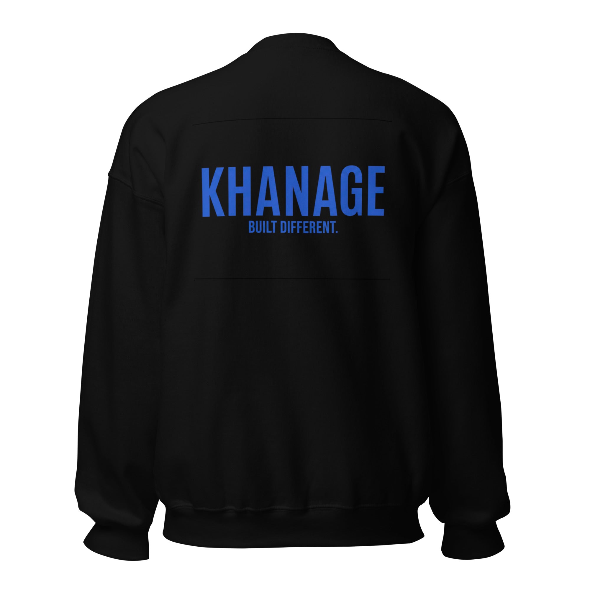 Rear view of KHANAGE Collective black and cobalt blue sweatshirt