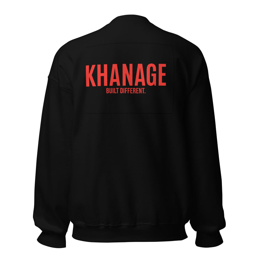Close-up of red KHANAGE logo on black sweatshirt
