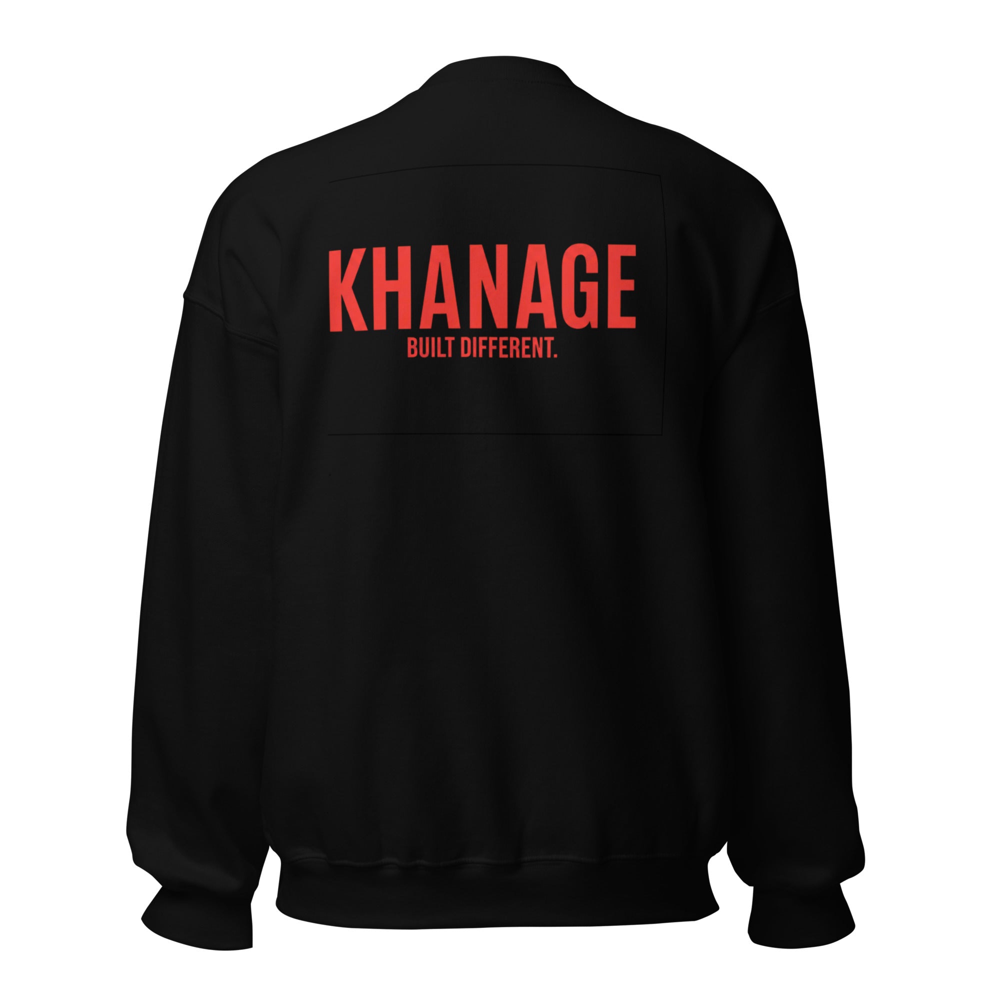 Close-up of red KHANAGE logo on black sweatshirt