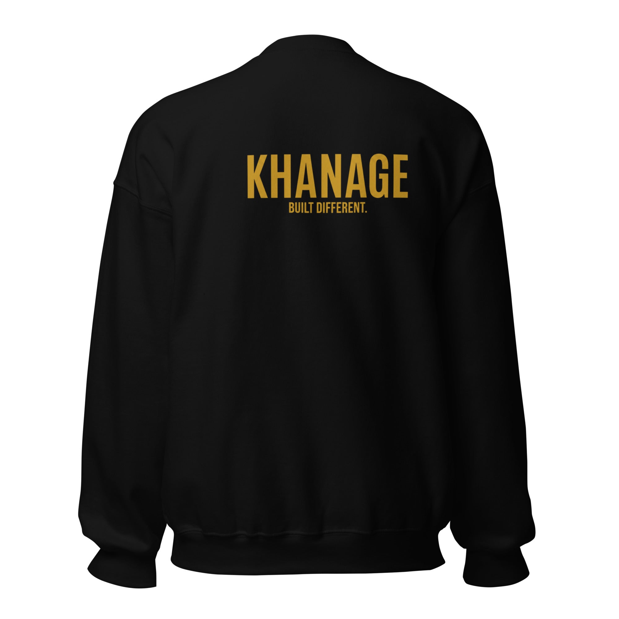 Close-up of gold KHANAGE logo on black sweatshirt