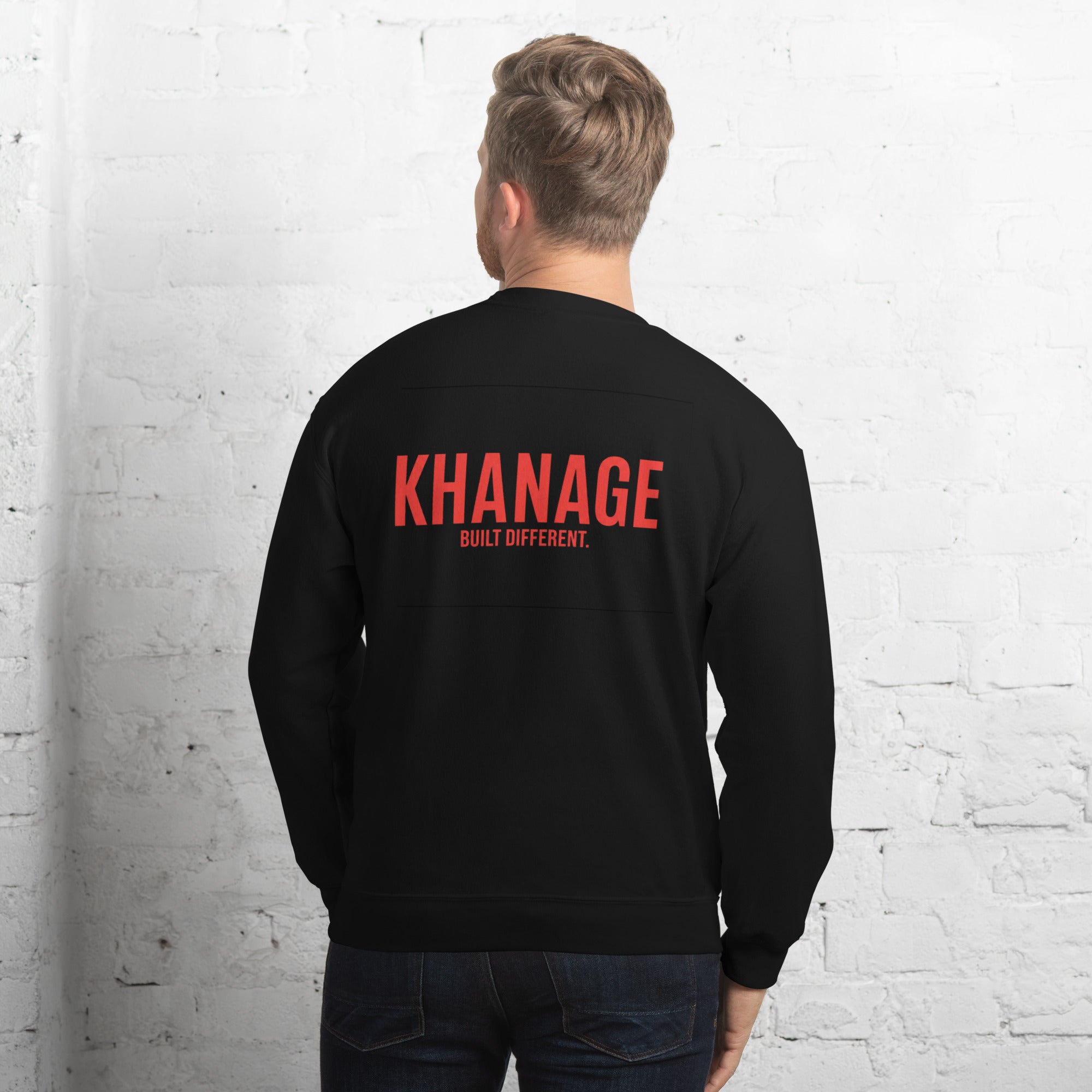 Rear view of KHANAGE Collective black and red sweatshirt