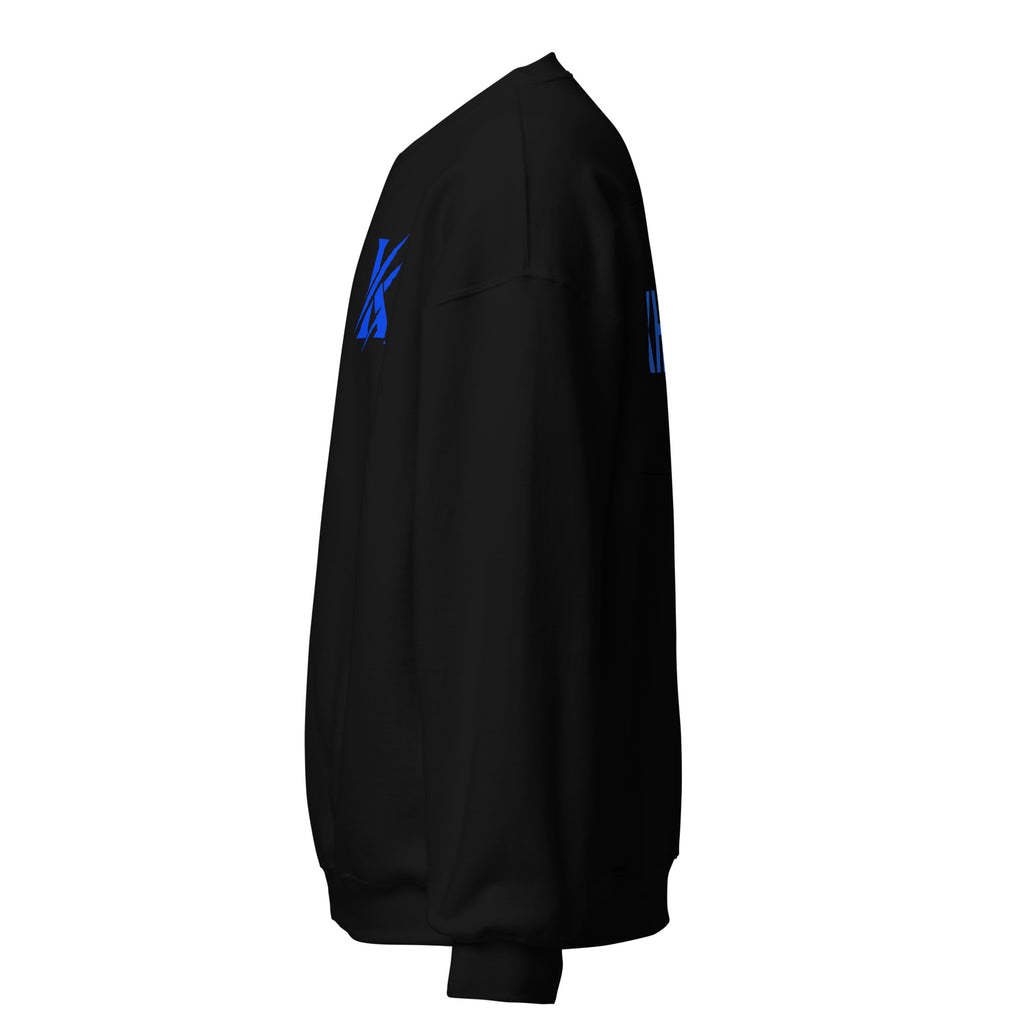  Side view of KHANAGE Collective black cobalt blue sweatshirt — New Zealand streetwear