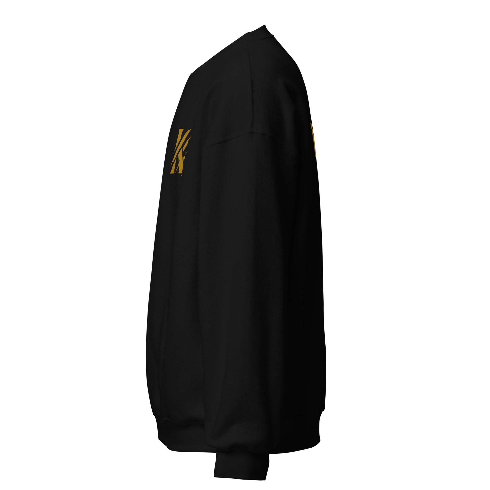 Close-up of gold KHANAGE logo on black sweatshirt